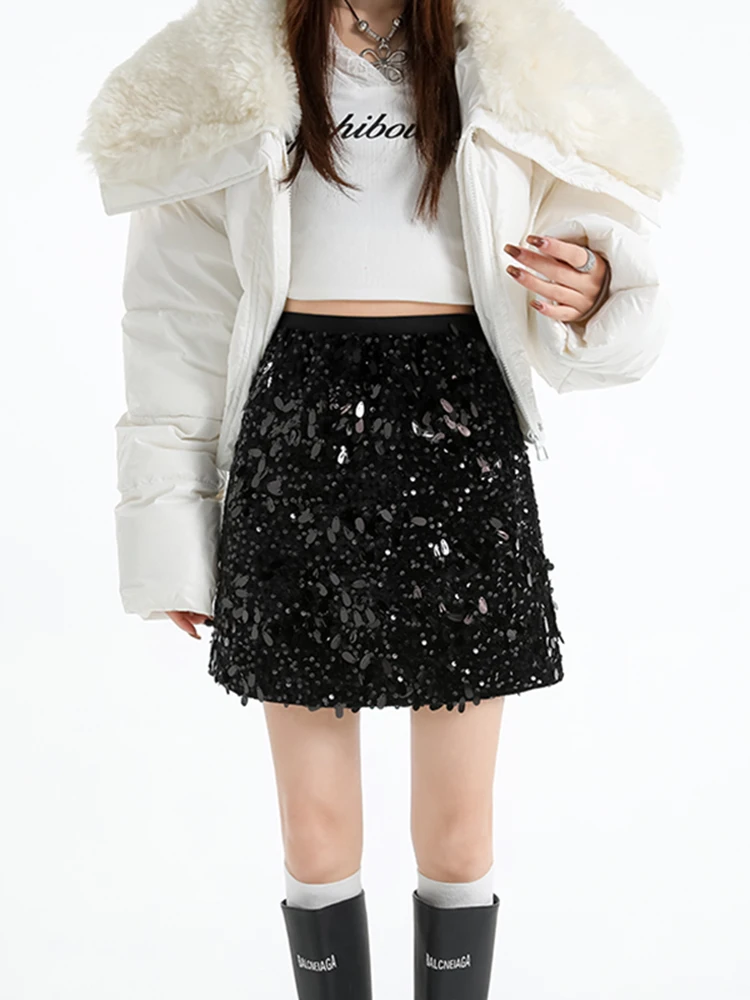 

Юбка А-силуэта с пайетками и завышенной талией, женская, зима 2026, новая, облегающая, повседневная, средней длины, для небольших размеров