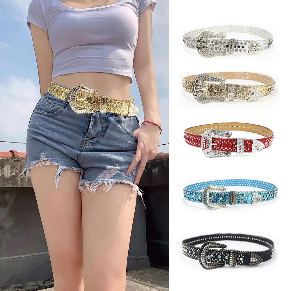 Diamond-set women's belt,Italian new design high qulity pu leather water diamond acrylic punk pearl lacquer belt for women