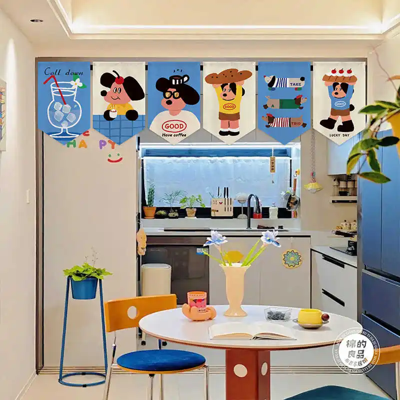 VIKAMA Gingham All Print Cat Cake Single Valance Curtain Velcro Punch Free Kitchen Range Hood Fresh Fabric Cover Curtain