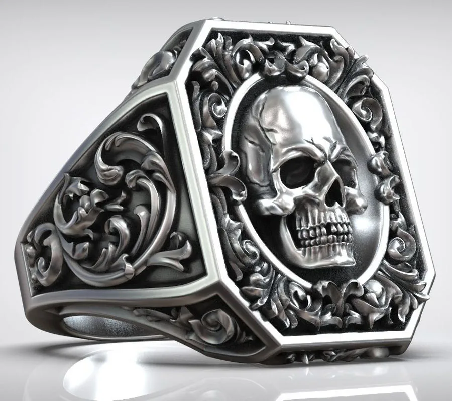 18g Royal Vintage Skull Rococo Pattern Signet Mens Rings Customized 925 Solid Sterling Silver Ring Many Sizes 6-13