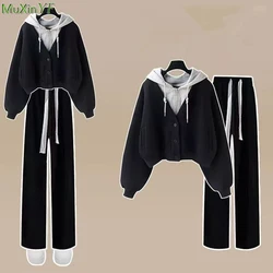 Abrigos informales con capucha para mujer, conjunto de pantalones de pierna ancha, sudadera coreana, chaquetas negras, novedad de primavera y otoño, 2024