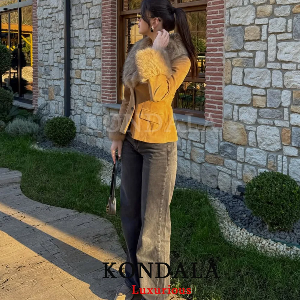 KONDALA Vintage Fur Suede Jackets Women Long Sleeve V Neck Buttons Slim Coats Fashion 2026 Aututmn Spring Casual Chic Khaki Coat