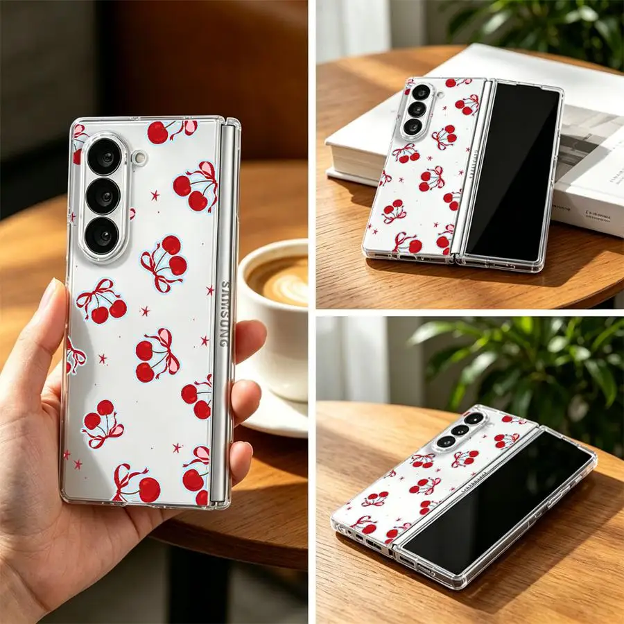Case for Samsung Galaxy ZFold7 ZFold5 ZFold3 ZFold4 ZFold6 Z Fold 7 6 5 4 3 Hard Phone Cover Red Cherry Bow Print