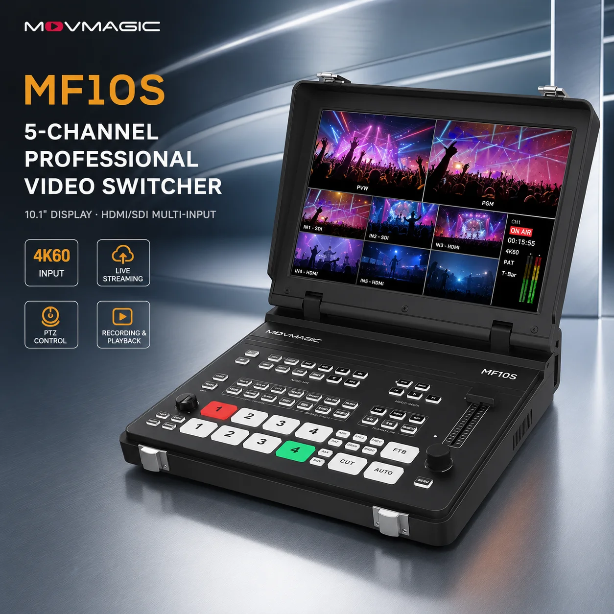 MOVMAGIC MF10S/MF10 4KP60 5CH Professional Video Switcher SDI Output & Input Video Mixer With 8 Layer Ability 10.1'' Screen