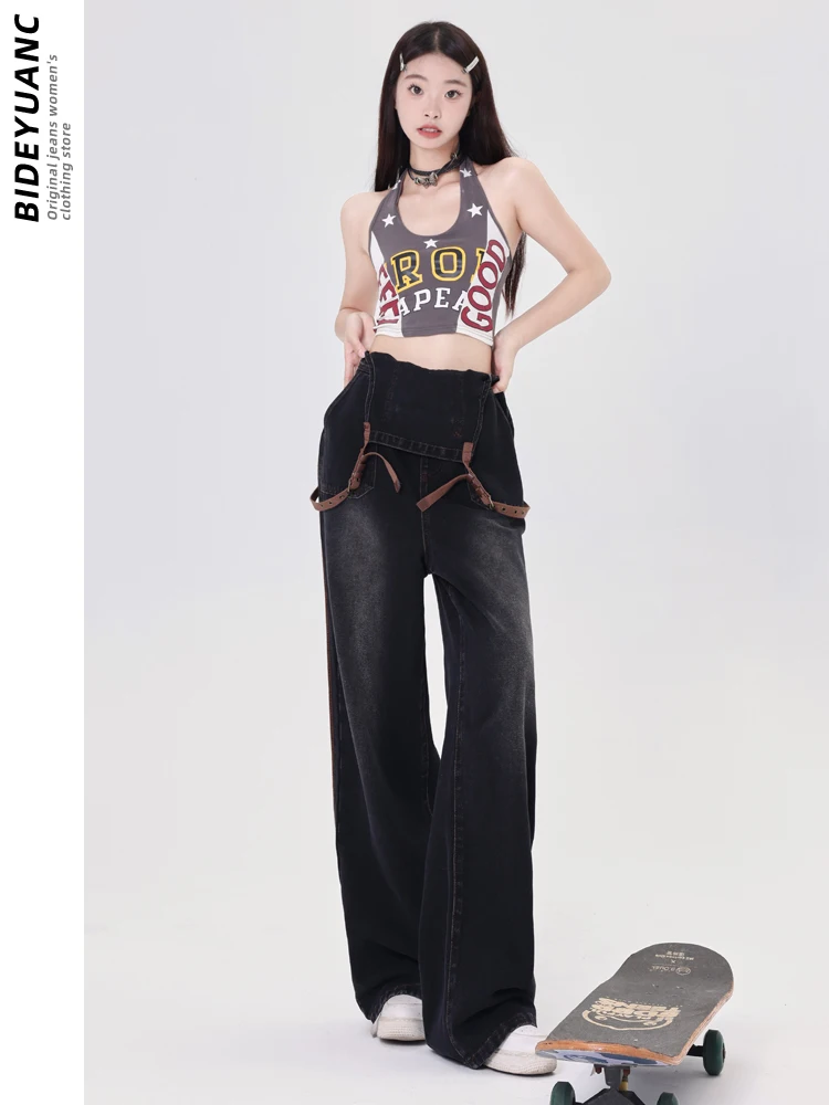 American Sle Denim-Overall für Damen, Übergröße, lockeres, weites Bein, schlankmachende Arbeitskleidung, Overall, hohe Taille, lang, Baumwolle, Polyester