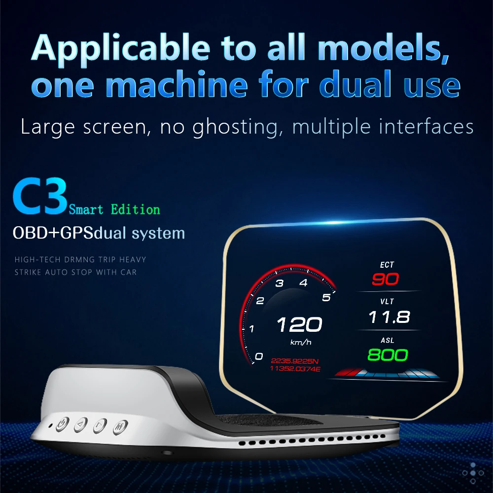 Newest C3 Car Head Up Display GPS+OBD2 On Board Computer Projector HUD Fuel Consumption Voltage RMP Water Temp Over Speed Alarm