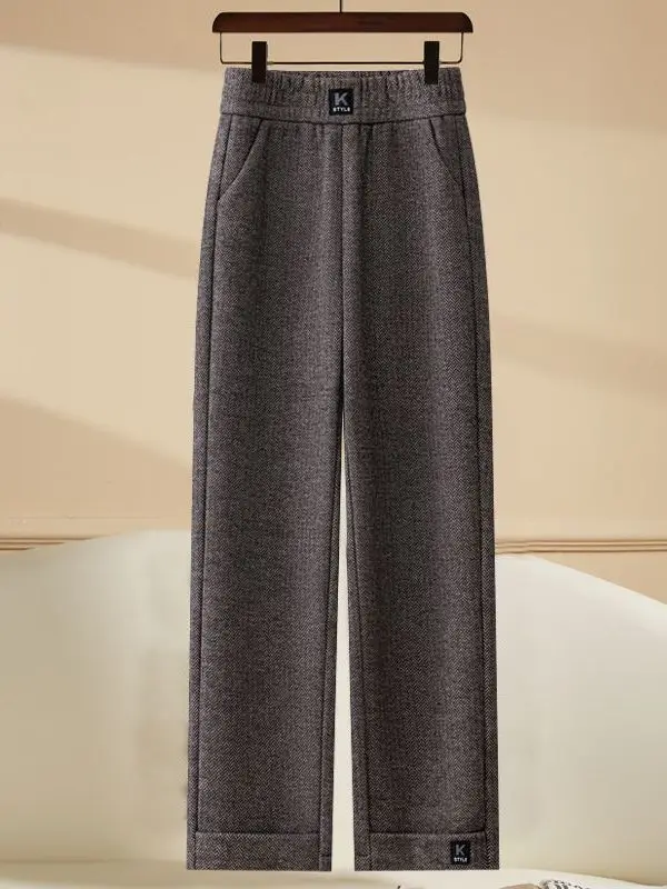 

High Waist Wide Leg Casual Pants Women's Elastic Waist Label Design Loose Slim Straight Nine Points Pants Women