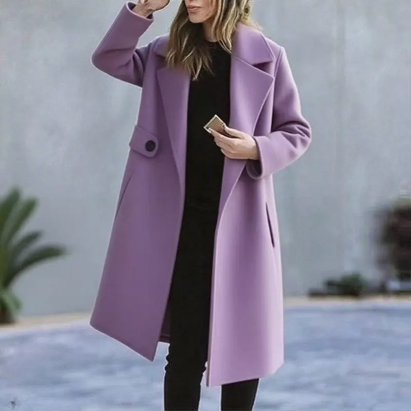 2025 New Plus Size Pure Color Autumn Winter Woolen Coat for Women Comfortable Casual Street Style Mid-Length Loose Fit Coat