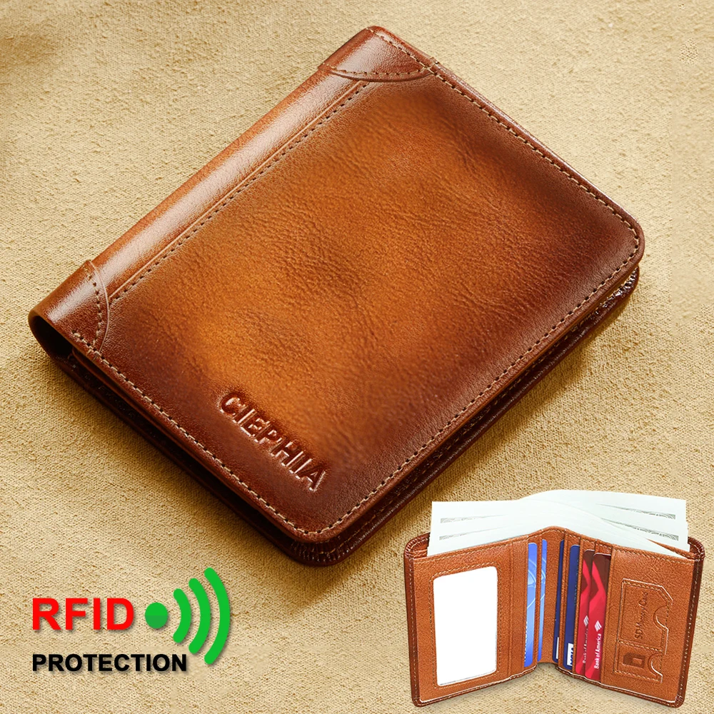 New Genuine Leather Rfid Bifold Wallets for Men Vintage Slim Short Credit Card Holder Money Clips Give Gifts for Him