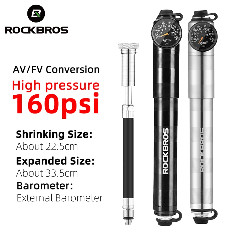 ROCKBROS 160psi Bike Pump Air Pressure Barometer Bicycle Inflator Aluminum Alloy MTB Road Motorcycle FV AV Portable Cycling Pump