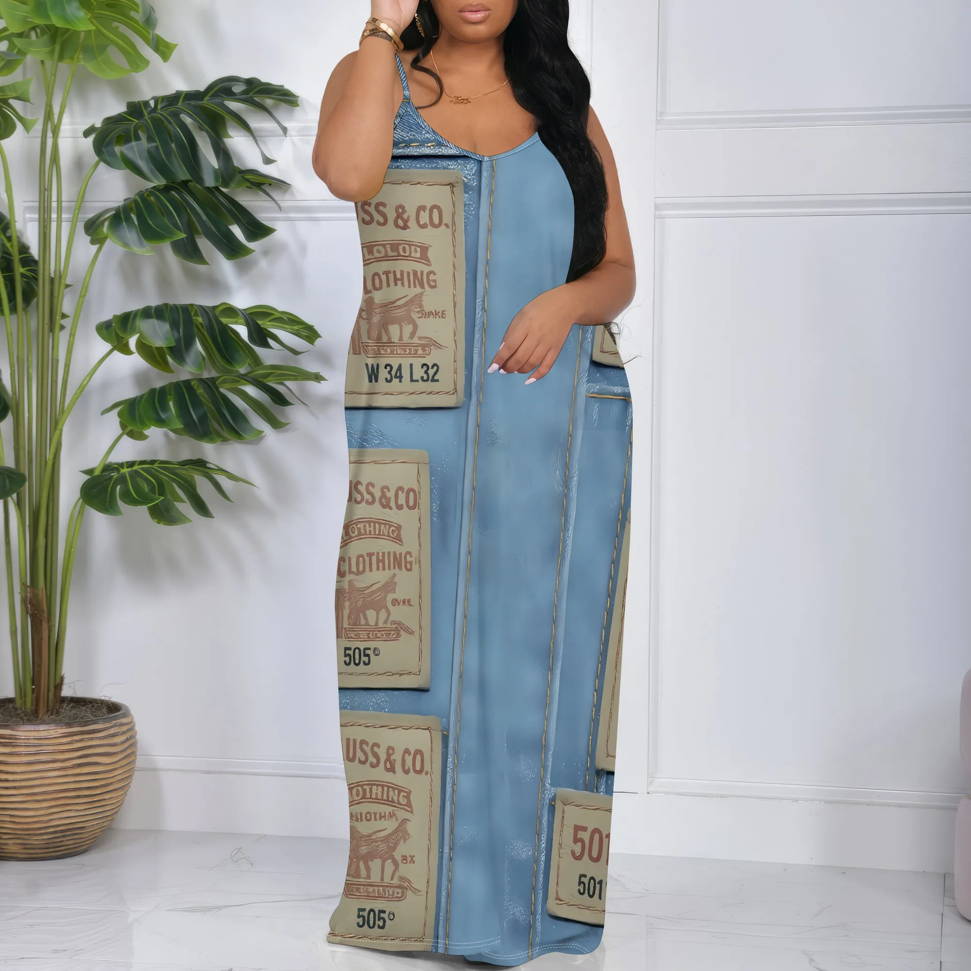 

Nupusa Sleeveless Denim Look Print Long Dress for Women Faux Jean Label Detail Sexy Bodycon Casual Wear