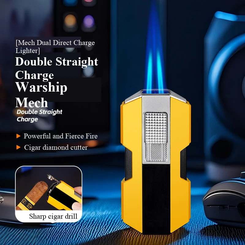 

Double Straight Windproof Blue Flame Mecha Shaped Cigar Lighter With Cigar Cutter Hole Opener Boyfriend's Cool Trendy Gift