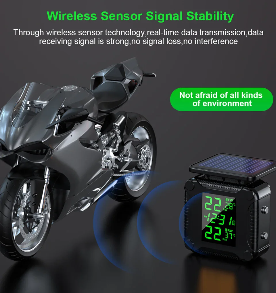 Motorrad TPMS Solar Power Reifendruck Monitor Drahtlose Reifendruck Überwachung System Reifen Temperatur Sensor Alarm System – Detail 6