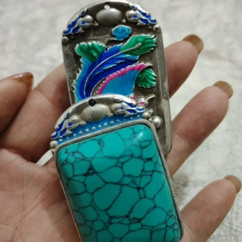Antique Bold Cloisonne Dragon‑Phoenix Old‑Silver Pendant, Turquoise Inlaid Peace Amulet for Men Women Collectible Ornament