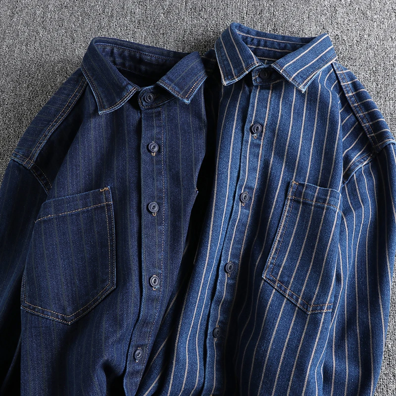 2023 Spring New American Retro Denim Cargo Striped Shirt Men\'s Fashion Pure Cotton Washed Casual Loose Yonth Blouses Thin Jacket