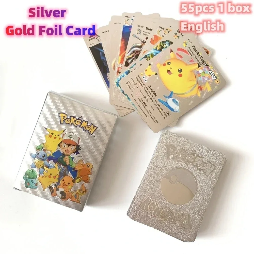 Tarjeta de papel de aluminio dorado colorido de Pokémon, 27-55 piezas, Charizard, Pikachu, Arceus, arcoíris plateado, inglés, alemán, VSTAR, VMAX