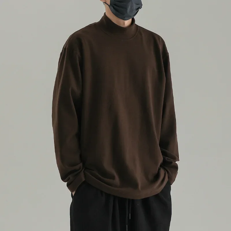 

Long-sleeved Half-high Neck Spring and Autumn Loose Sweats Within The Solid Color Bottoming Shirt Tops Pullovers Men Clothing