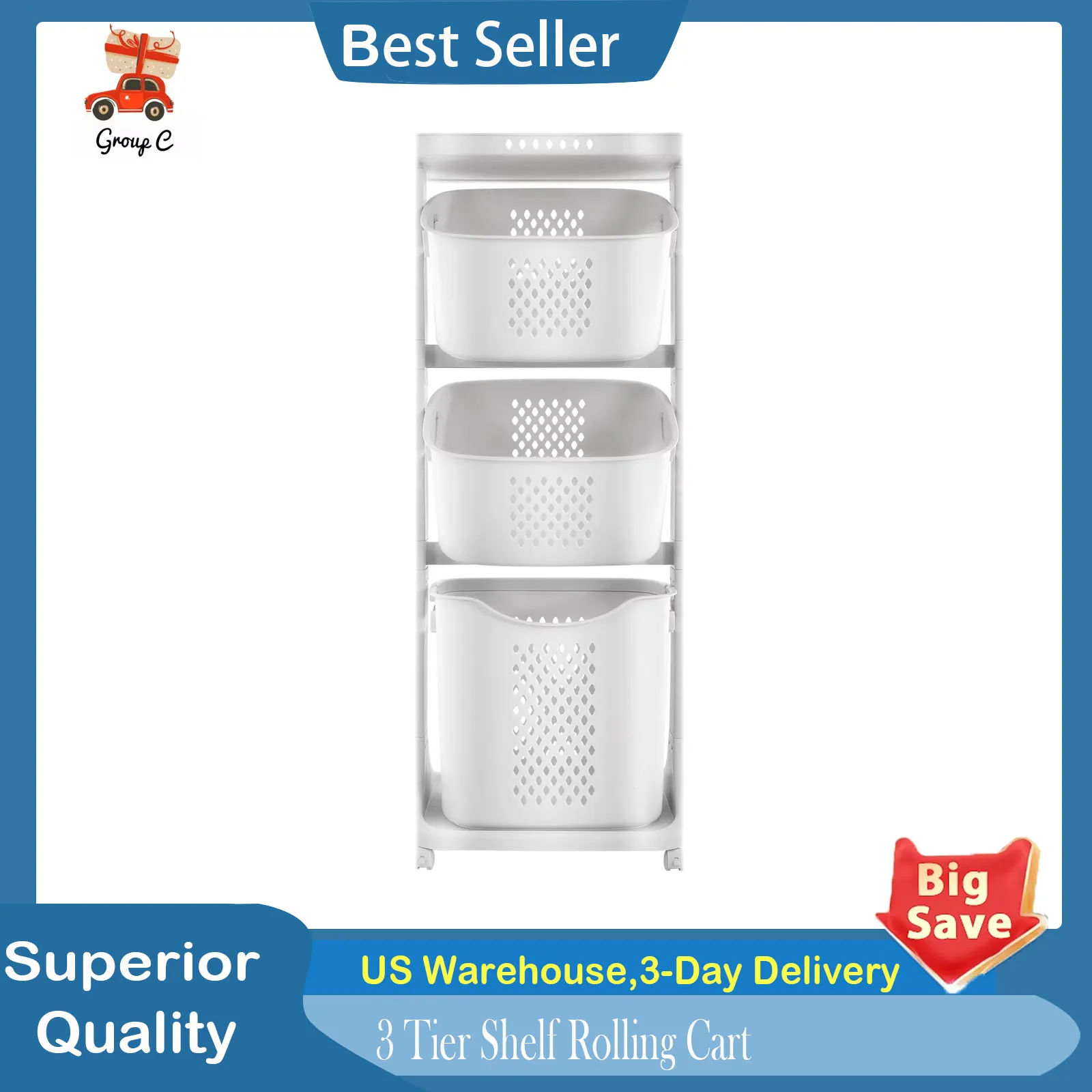 

Laundry Hamper Basket Sorter Clothes Storage Organizer 3 Tier Shelf Rolling Cart, Shelf Baskets with Wheels