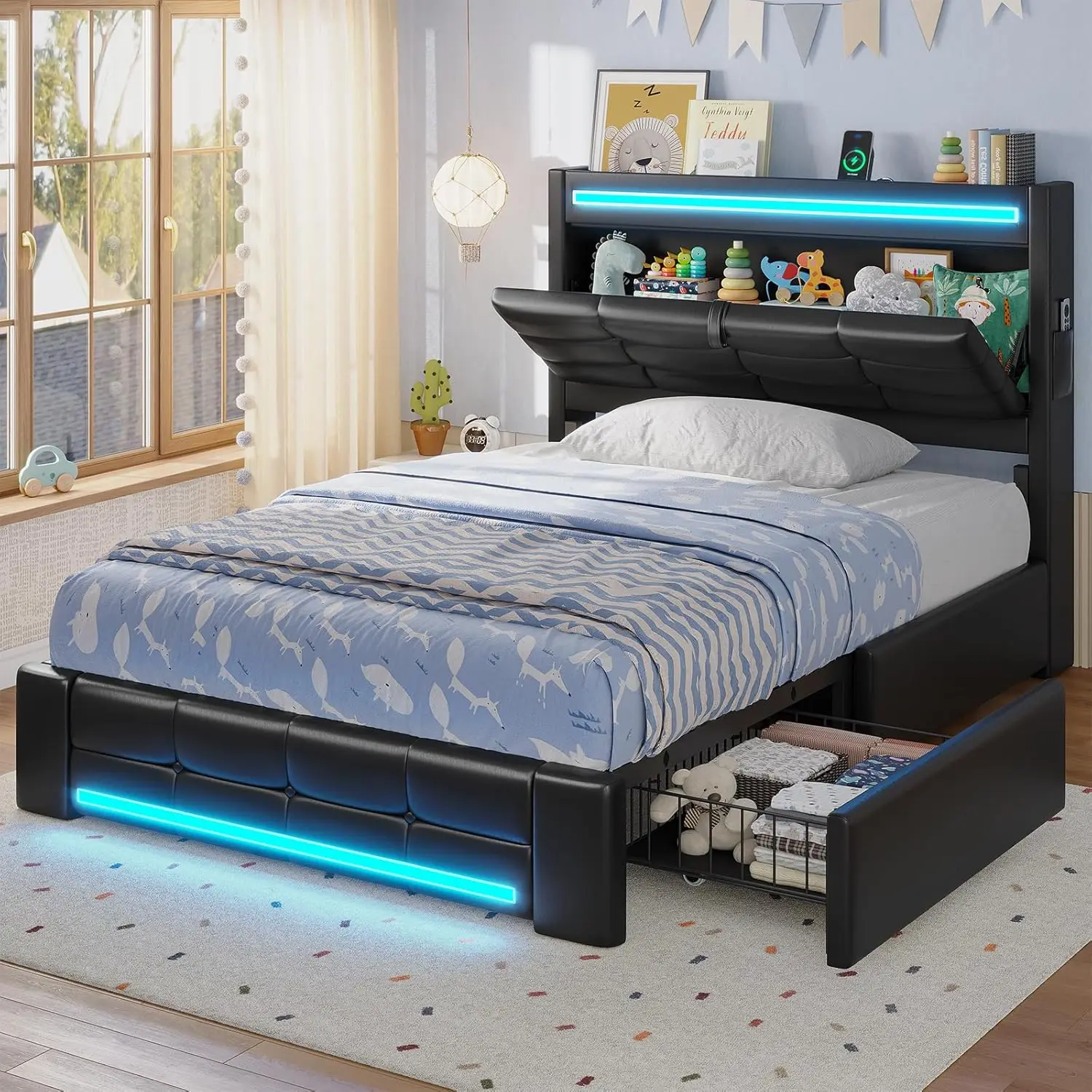 

Twin Bed Frames with Storage Headboard 4 Drawers LED Bed Frame with Charging Station Upholstered Twin Size Platform Bed