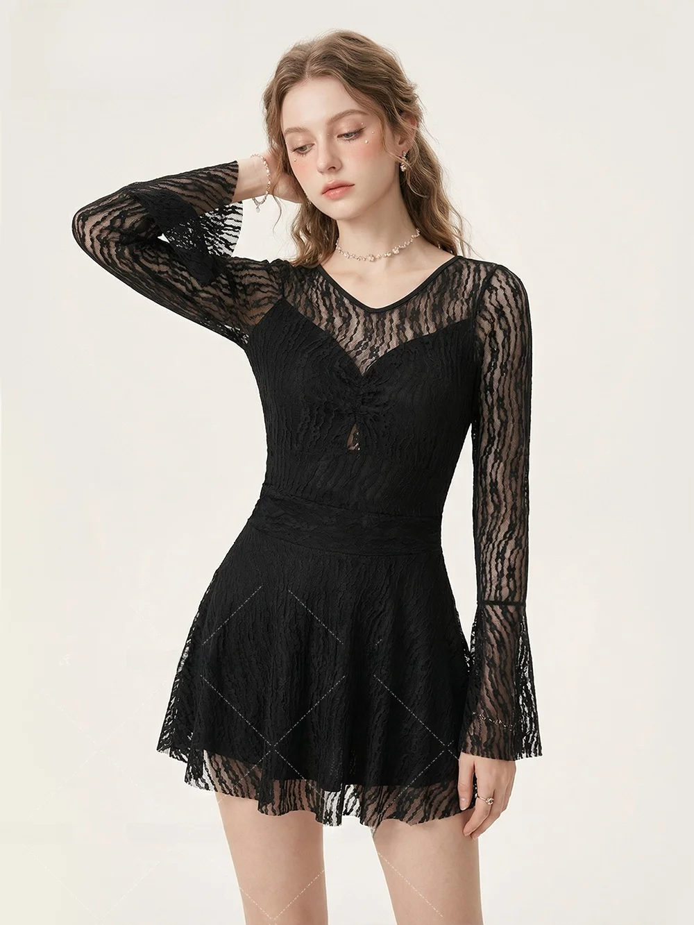 

Bla Sexy Lace ter Ne ort Skirt Swimsuit Hebe Sle Slimming Asymmetrical Bell Sve Waist Cinched Swimming Costume