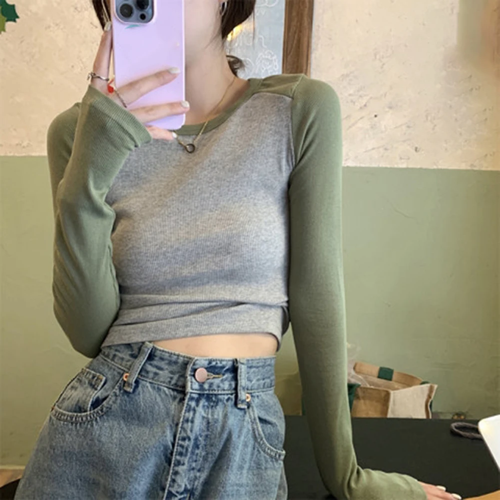Lässiges Langarm-T-Shirt für Damen mit leichtem Stretch-Polyester-Spandex-Mischung, bequeme Passform für Herbst und Winter