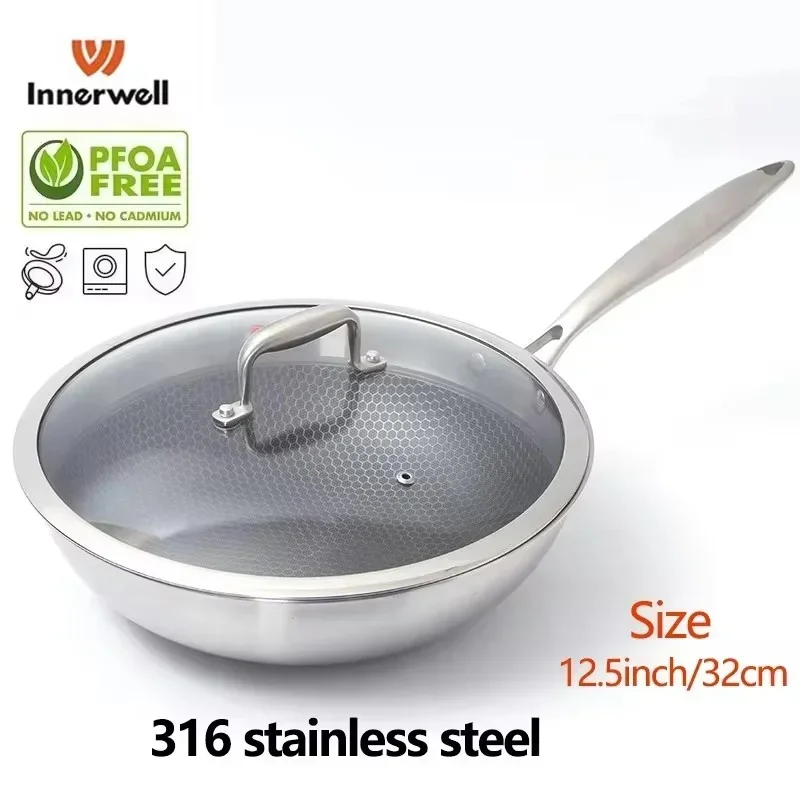 Innerwell Stainless Steel Frying Pan Wok With Lid 32cm Nonstick Cookware Home Kitchen Chicken Steak Seafood Gourmet Cooking Pots