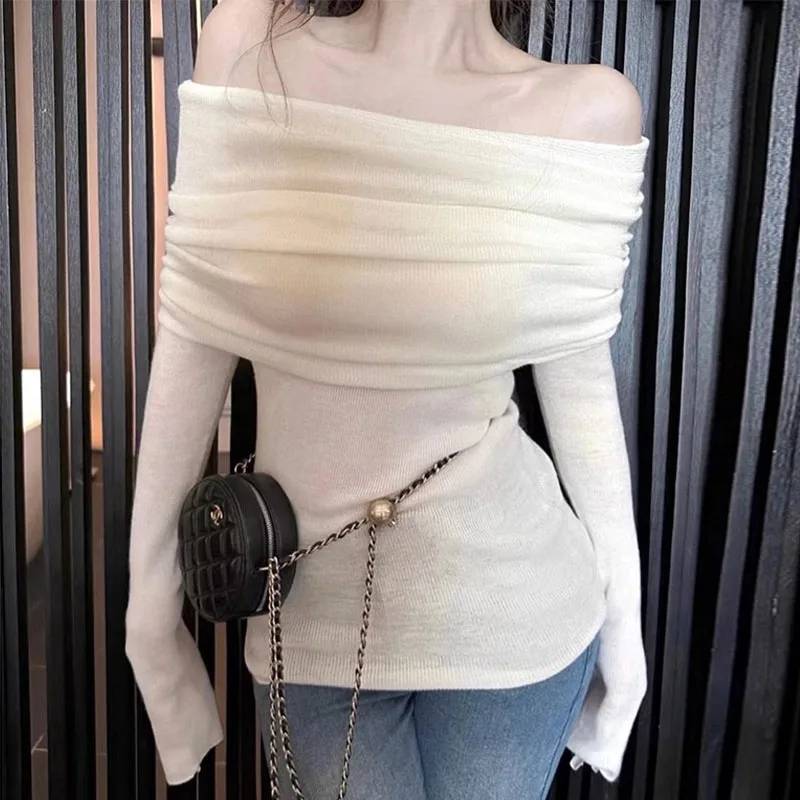 ملابس النساء سترة محبوكة بأكمام طويلة بلوفرات نسائية جديدة سوداء مائل الرقبة سترة متماسكة البلوز النساء بلايز تريكو Q1690 #1