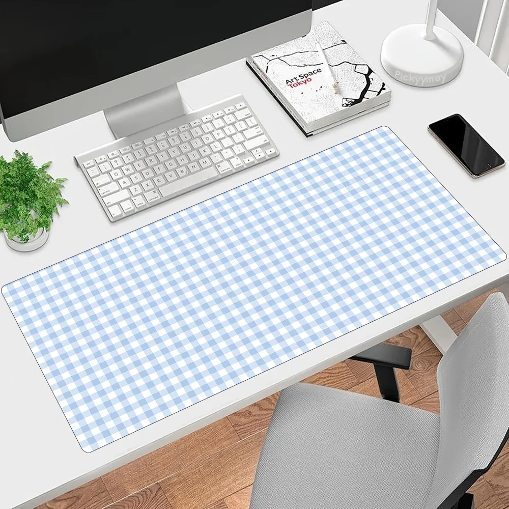 Light Blue Gingham Checkered Extended Mouse Pad Aesthetic Minimalist Large Desk Mat Non-slip Waterproof