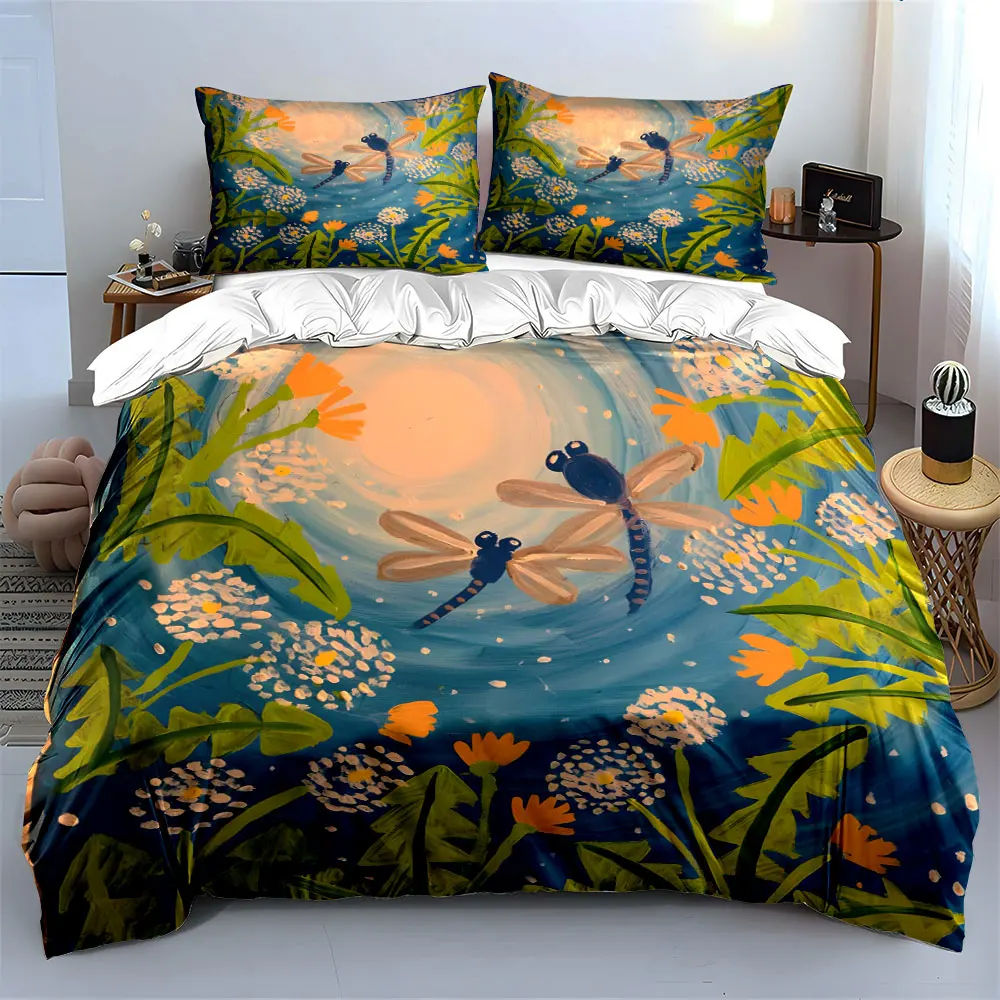 "Dragonfly Nature Art Set" Bettwäsche-Set mit 1 Bettbezug, 2 Kissenbezügen, Einzelbett, Doppelbett, King-Size-Bett, Queen-Size-Bett, Geschenk