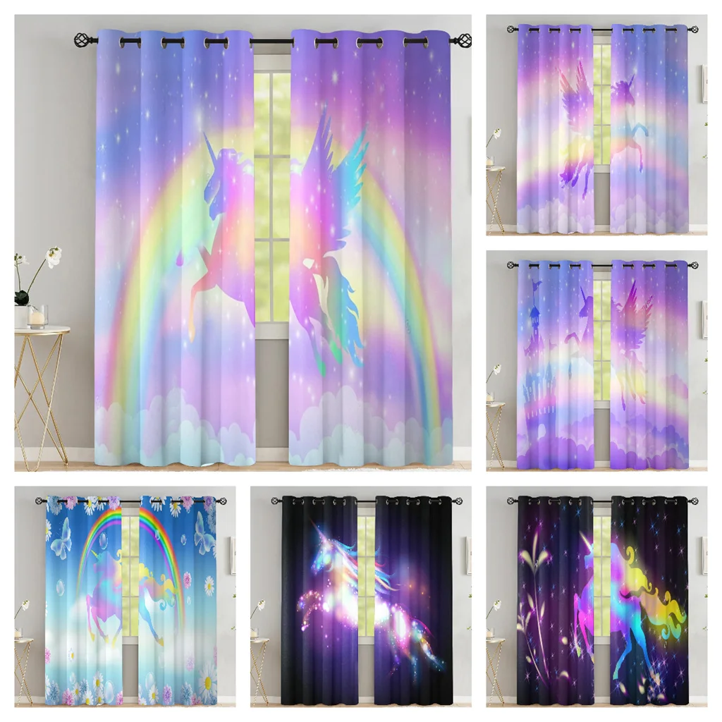 

3D Flying Unicorn Curtains for Living Room Magic Castle Kids Room Curtains Boy Rainbow Sky with Stars Window Sunshade Curtains