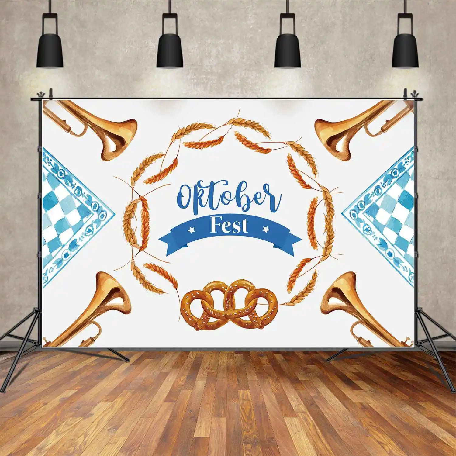 MOON.QG Backdrop Oktoberfest Beer Festival Banner Poster Photo Background Wheat Ring Ribbon Horn Blue Check Cloth Decorations