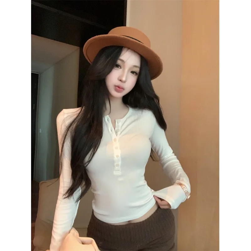 Koreańska koszulka damska na jesień i zimę, przyjazna dla skóry, elastyczna, dopasowana, wkładana przez głowę, bazowa, codzienna, bawełniana...