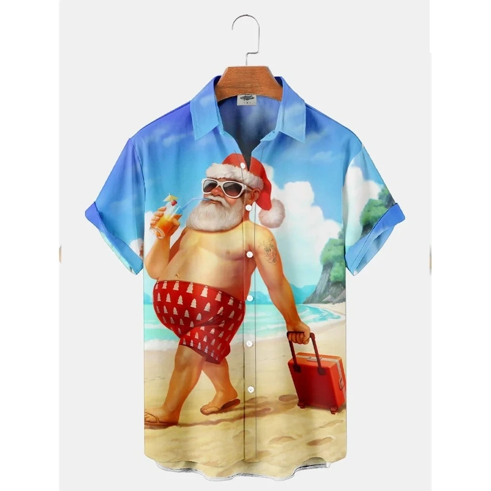 2024 Christmas Graphic Santa Claus Men\'s Shirts Hawaiian Harajuku Tops Short Print Tee Lapel Fashion Holiday Oversized Clothes