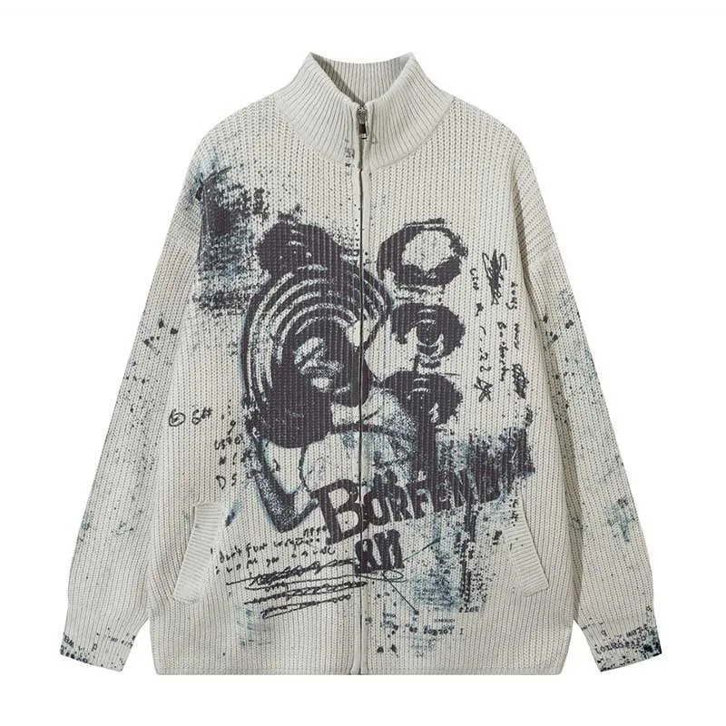 Hip Hop Cartonn Printed Knitted Sweater Harakuju Vintage Graffiti Pullover Sweater For Male Oversized