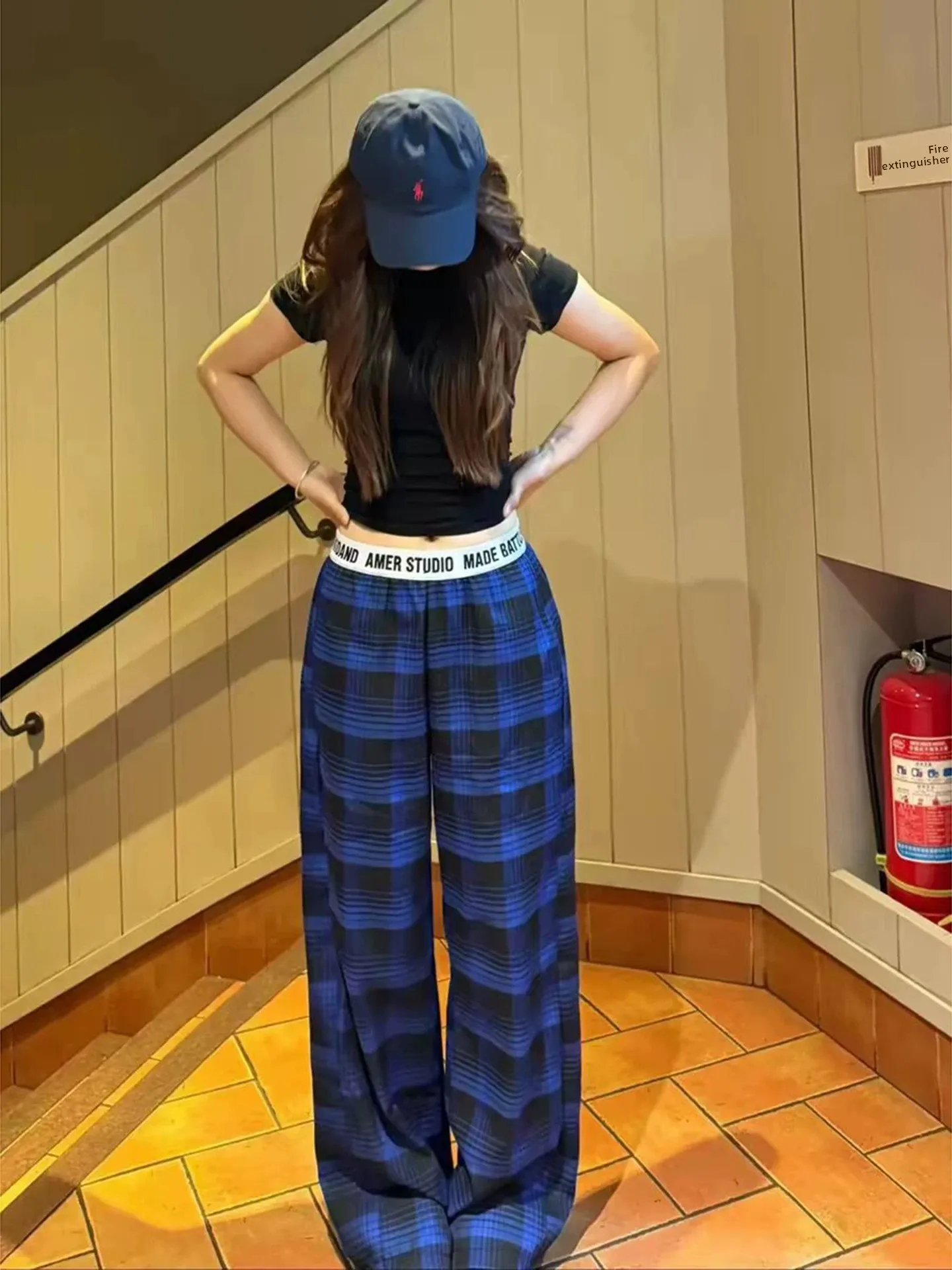 Cleanfit Deep Blue Plaid Pants Men Women Summer Thin American High Street Straight Leg Micro Flare Knife Ice Silk Pants