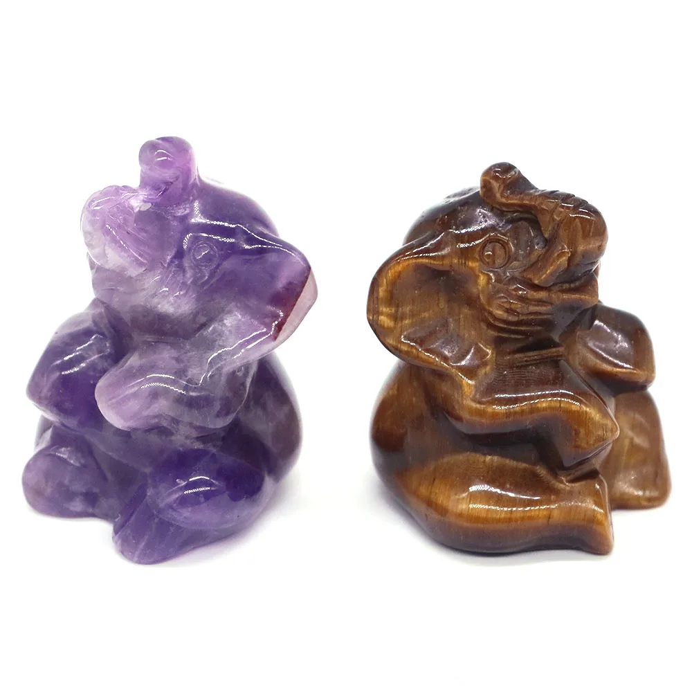 

38mm Sitting Elephant Natural Healing Stones Amethyst Rose Quartz Crystal Carved Gemstone Animal Figurine Crafts Home Decoration