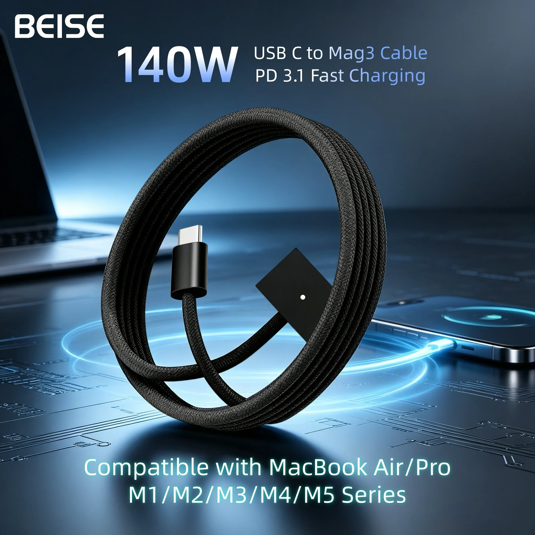 PD 140W USB-C to Mag 3 Magnetic Charging Cable 2M Braided Fast Charge Cord for MacBook Pro Air M1 M2 M3 M4 M5 Laptop