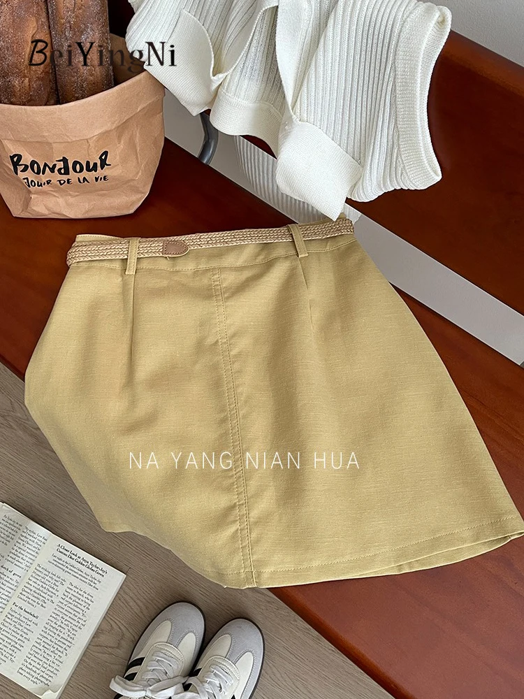 Beiyingni 2025 Summer Korean Women's Mini Skirt Belted Casual All-match Slim High Waist Short A-line Skirts Female Plain Faldas