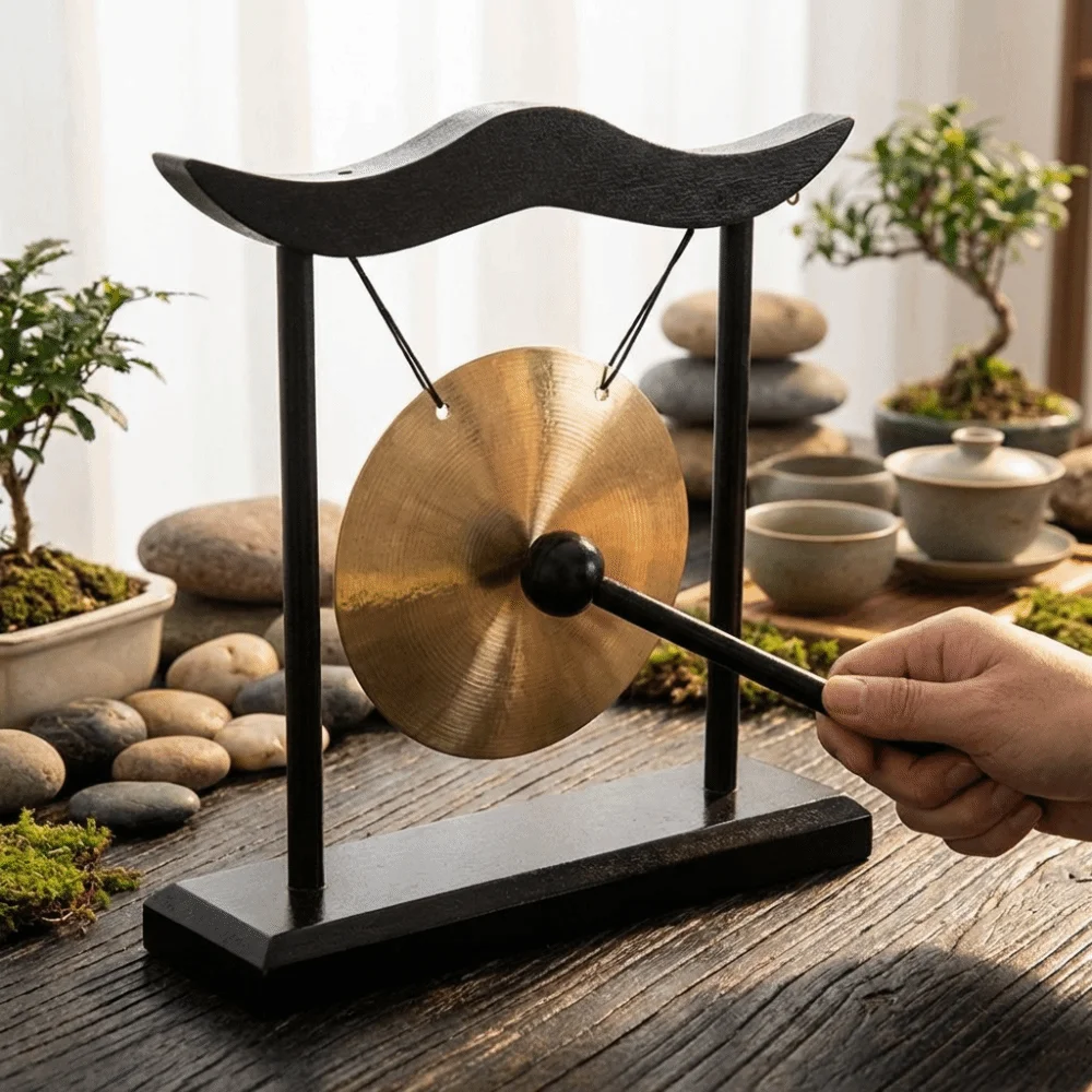 Retro Relaxation Desktop Gong Creative Fortune Copper Bell Meditation with Mallet Feng Shui Metal Cymbals House Warming