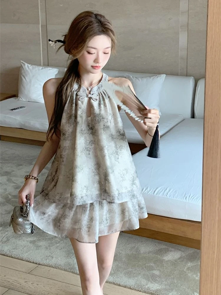Summer Women New Chinese Style Two Piece Set Sleeveless Halter Neck Top Skirt Commute Fashion Loose Slimming Outfit
