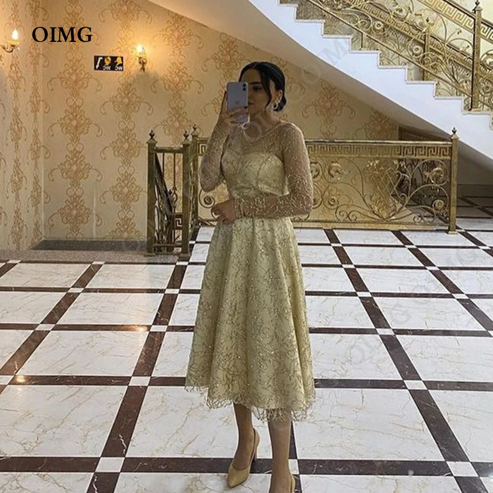 OIMG Gold Shiny Luxury Full Sleeves Evening Gowns Saudi Arabia O Neck Formal Prom Dress Sequins A Line Party Dress New 2023