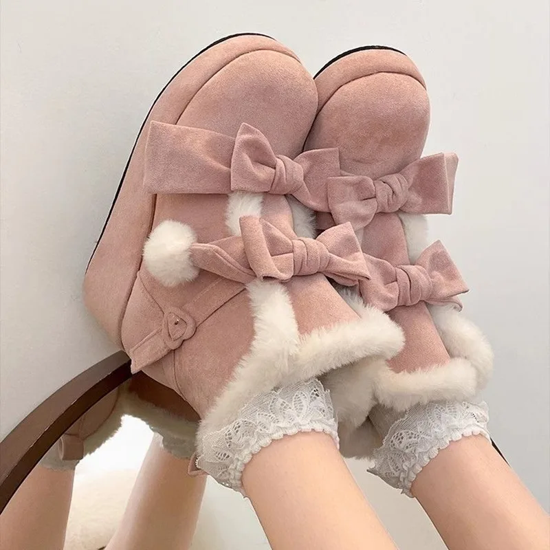 Winter Lolita Style Warm Plush Women Snow Boots Fashion Platform Thick Heel Short Booties Casual Comfort Suede Cotton Shoes