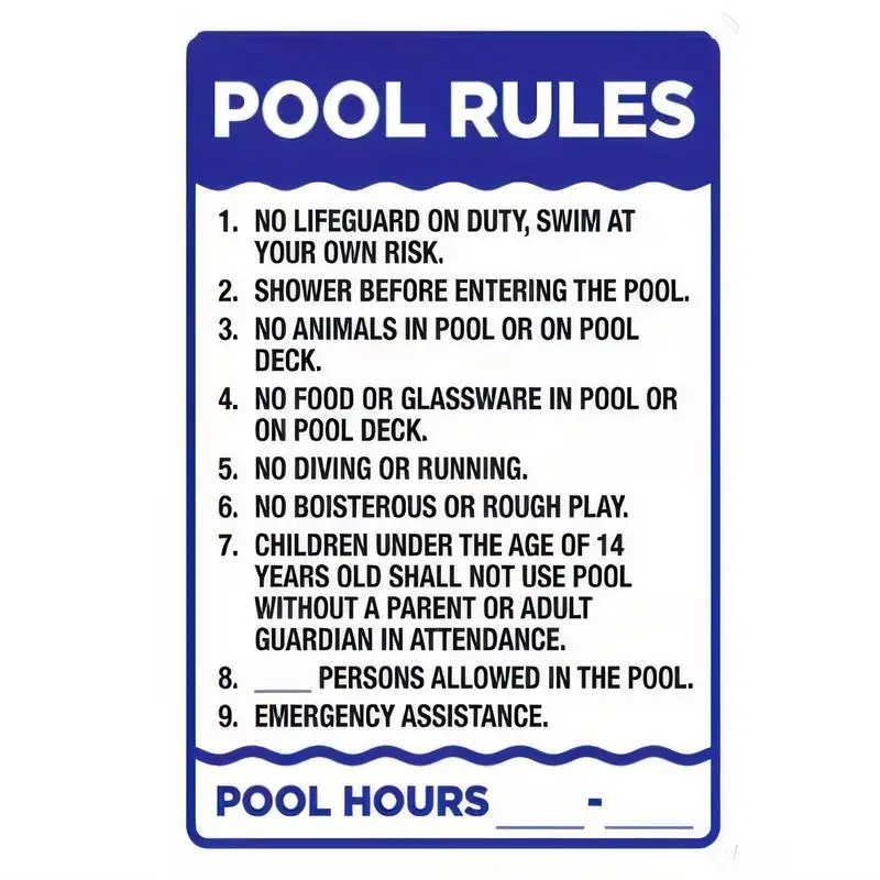 Pool Rules Metal Sign, Blue - White Wave Design, Iron Material, Clear Print - Perfect for Home/Community Pools, Backyard Safety
