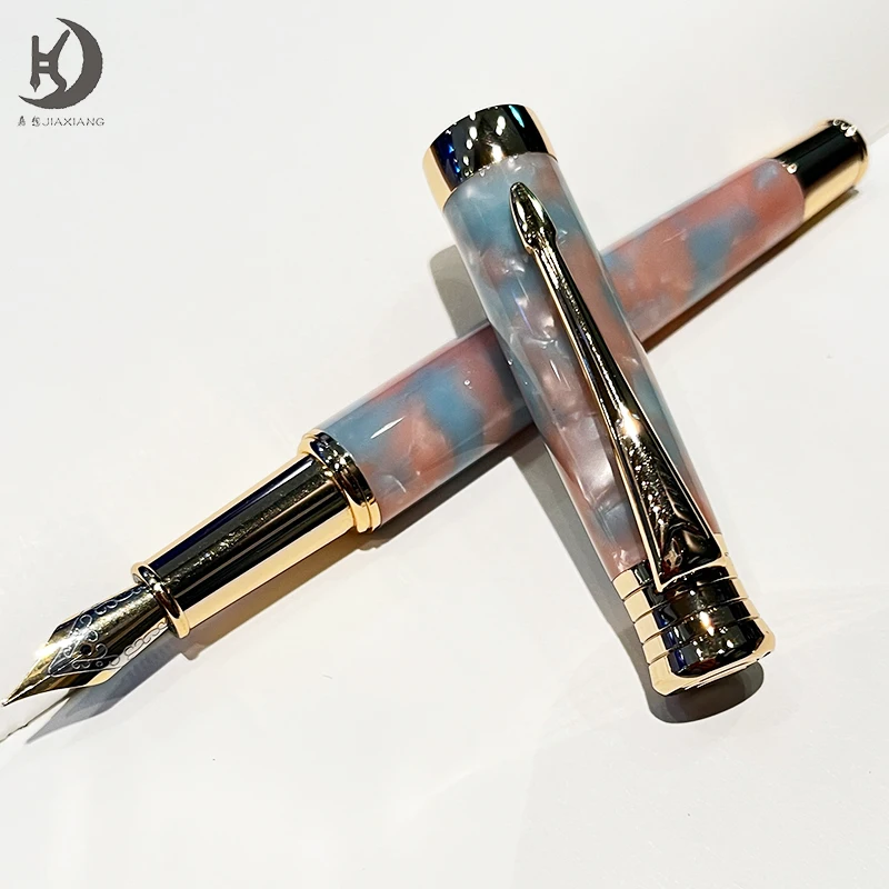 JX 988 Füllfederhalter Blaues Acrylharz / Metall Iridium 0,38 mm Echtgoldverzierung mit Tintenpatronen Glatter Schreibfluss Sammlerstück Geschenk – Detail 4