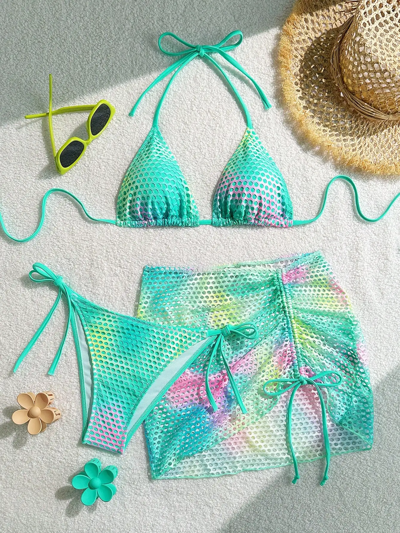 

Пляжный комплект из 3 предметов с эффектом тай-дай: топ-халтер, брюки с завязками и юбка с бантом для летнего отдыха на курорте