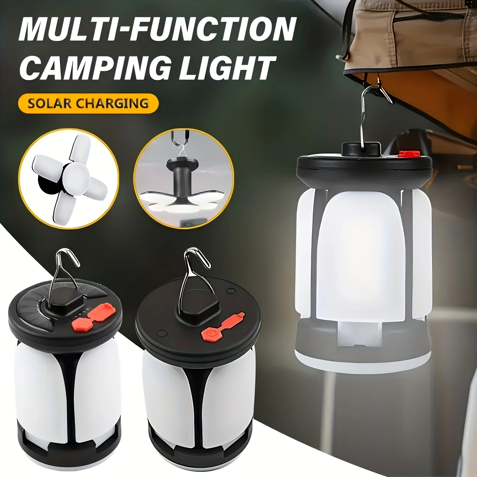 High Power Solar Camping Lantern Rechargeable Foldable LED Lamp, USB Charging 4 Modes with Pendant Hook for Outdoor Tent