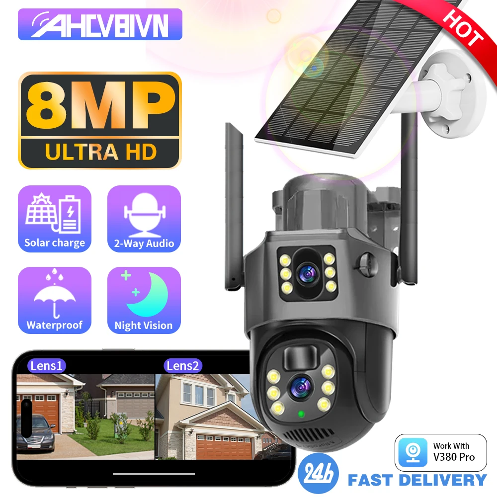 

V380 Pro 4K 8MP 4G Dual Lens PTZ Solar Camera Black Dual Screens PIR Human Tracking Outdoor Security CCTV Surveillance IP Camera