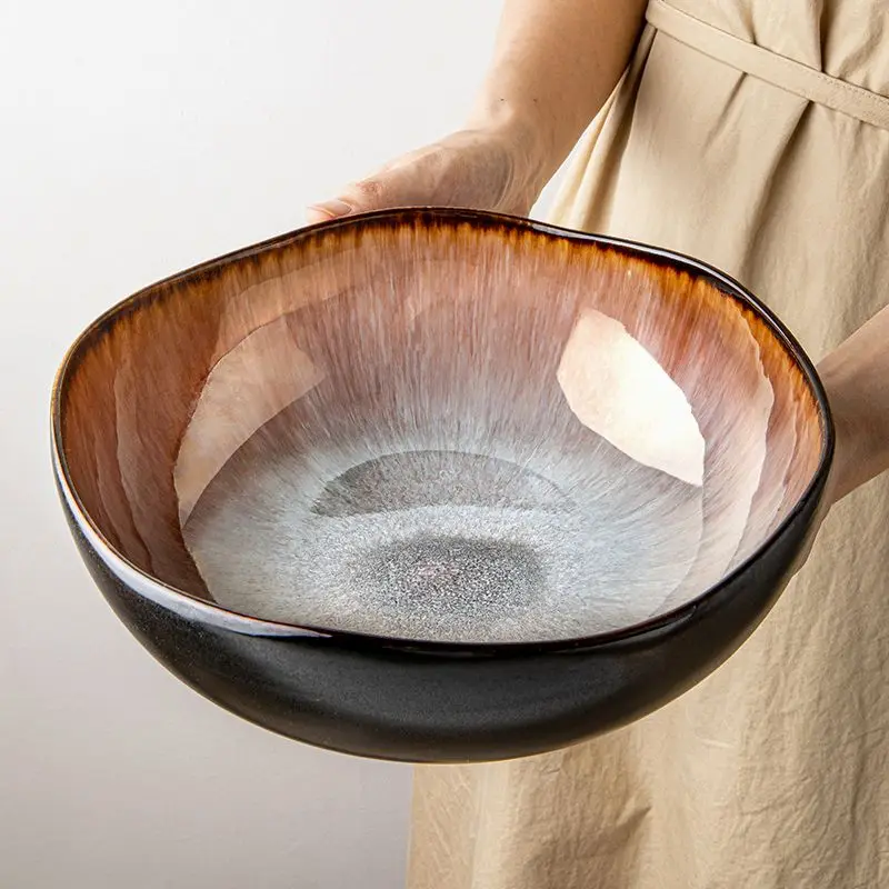 

9,5-дюймовая большая керамическая чаша с глазурью для домашней печи, миска для супа с нерегулярным углублением, миска для вареной рыбы, доступны микроволновые печи