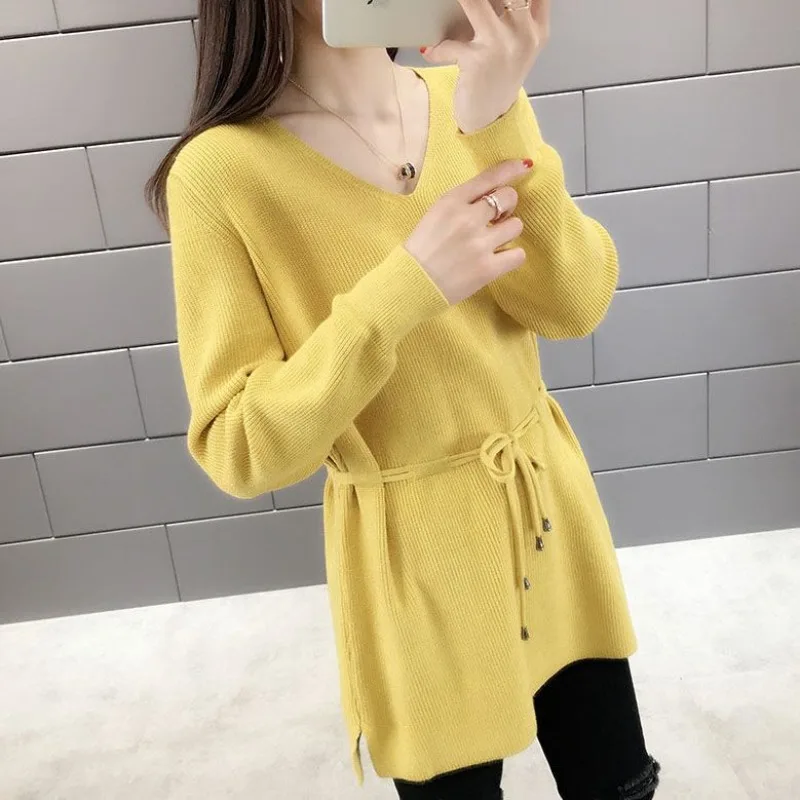 Lady V-neck Solid Drawstring Sweaters Autumn and Winter Fashion Loose Bandage Pullover Long Sleeve Knit Tops Women's Clothing