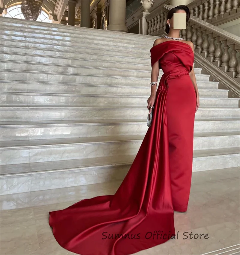 SUMNUS-Robe de Soirée Sirène en Satin Rouge, Tenue de Bal Formelle, Style Arabe et Dubaï, avec Traîne